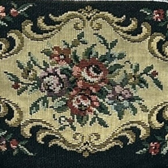 Vintage Floral Tapestry Coin Purse Black & Cream Kiss Lock Wallet Needlepoint - Picture 3 of 4